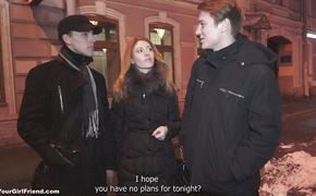 Sensual redhead Renata with round natural tits is sucking guy's meat rocket while he is making a video