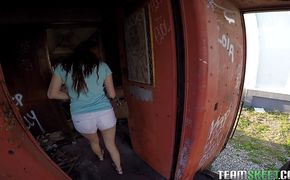 Stunning redhead Leigh Rose with large natural tits works her mouth on a thick dinky